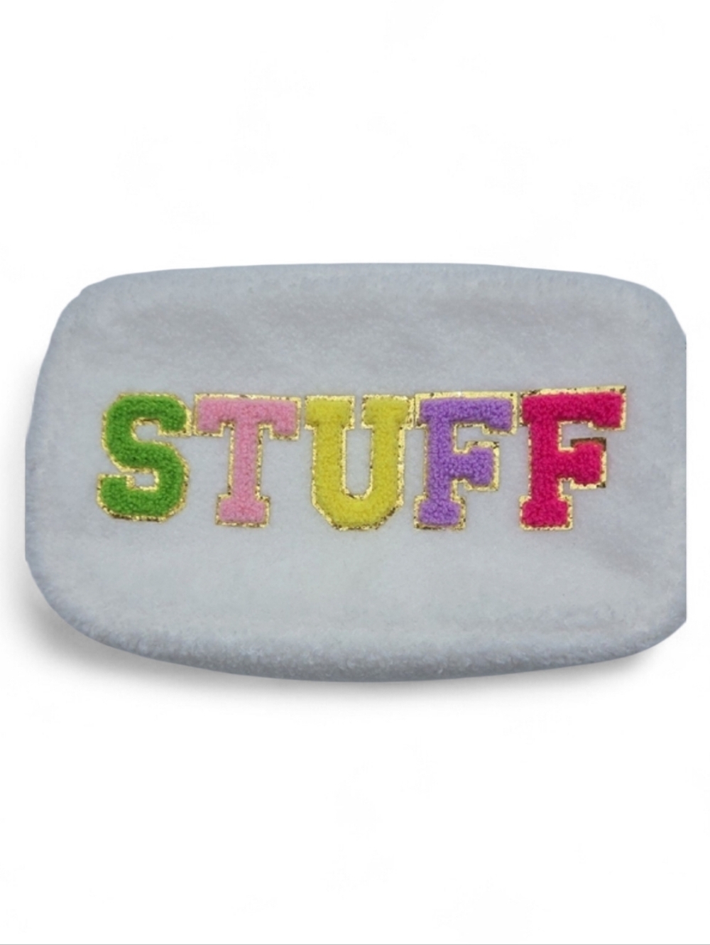 Sherpa Plush 'STUFF' Pouch in Multicolor Letters Cosmetic Bag
